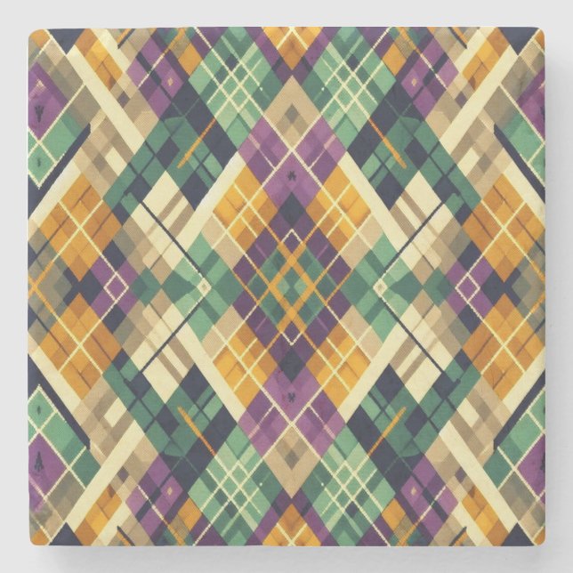 Argyle Mardi Gras yellow purple green Stone Coaster (Front)