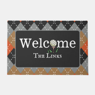 Argyle Orange Brown and Grey Golf Welcome Entry Doormat