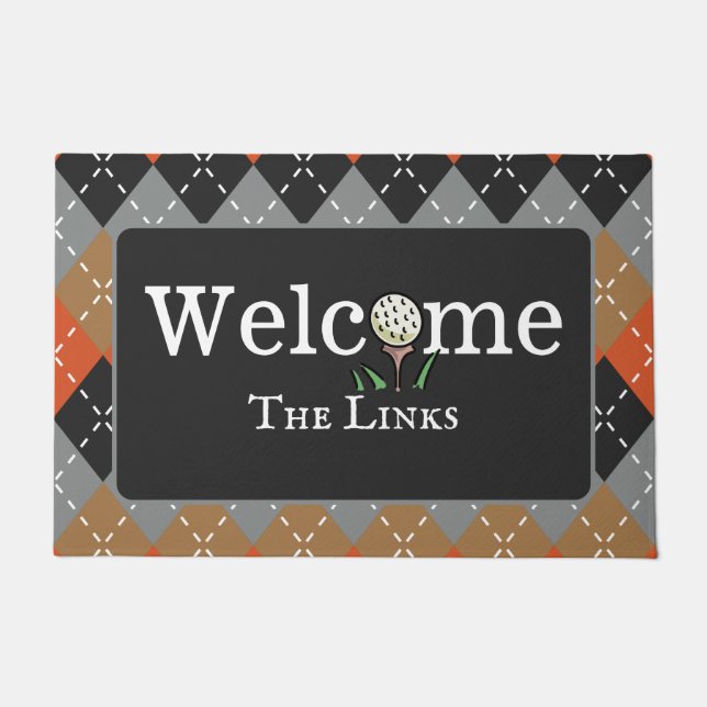 Argyle Orange Brown and Grey Golf Welcome Entry Doormat (Front)
