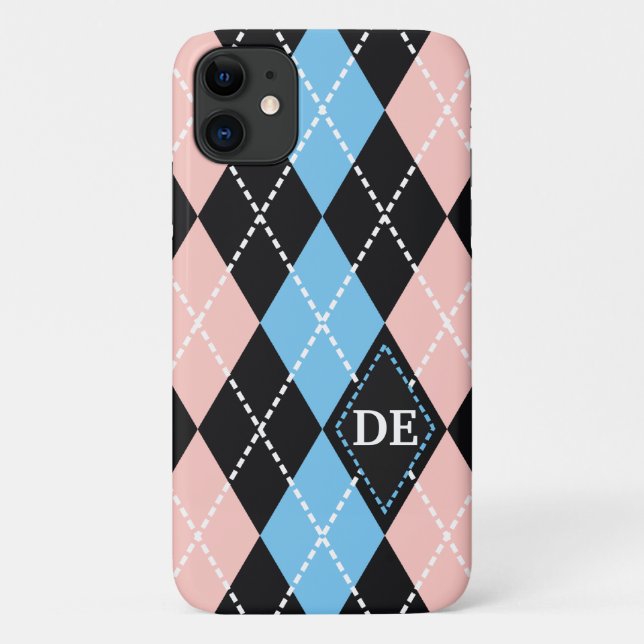 Argyle pattern black, grey and pink monogram Case-Mate iPhone case (Back)