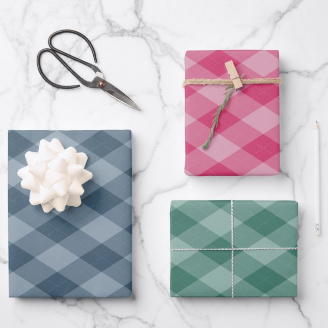 Argyle Pattern Dark Teal Bottle Green Raspberry Wrapping Paper Sheet (Front)