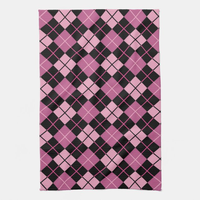 Argyle Pattern in Black and Pink Kitchen Towel (Vertical)