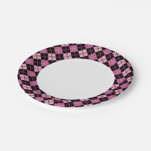 Argyle Pattern in Black and Pink Paper Plate