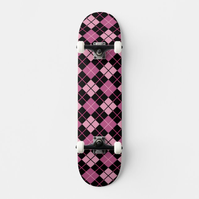 Argyle Pattern in Black and Pink Skateboard (Front)
