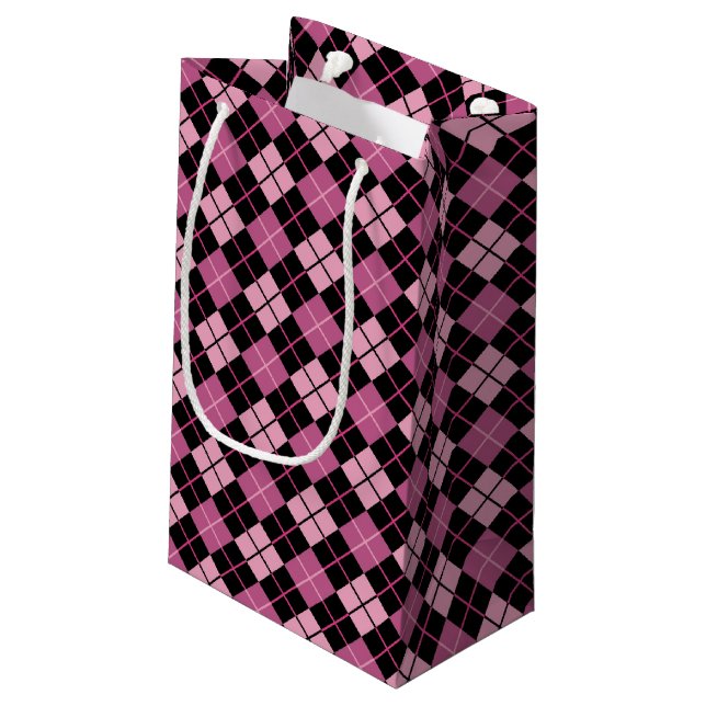 Argyle Pattern in Black and Pink Small Gift Bag (Back Angled)