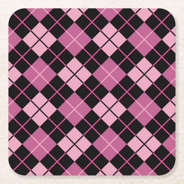 Argyle Pattern in Black and Pink Square Paper Coaster (Front)