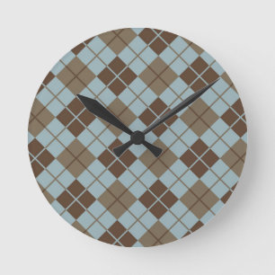 Argyle Pattern in Blue and Taupe Round Clock