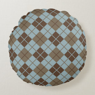 Argyle Pattern in Blue and Taupe Round Pillow