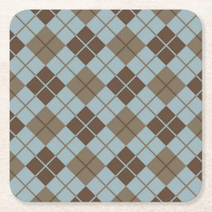 Argyle Pattern in Blue and Taupe Square Paper Coaster