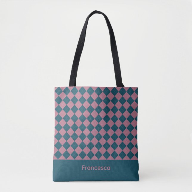  Argyle pattern ocean blue pink name tote bag (Front)