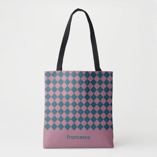  Argyle pattern ocean blue pink name tote bag (Front)