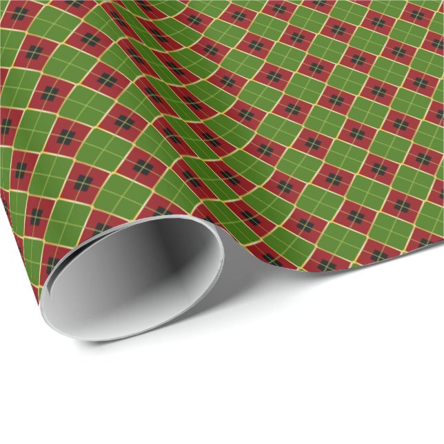 Argyle Pattern Red, Black and Gold Christmas Wrapping Paper (Roll Corner)