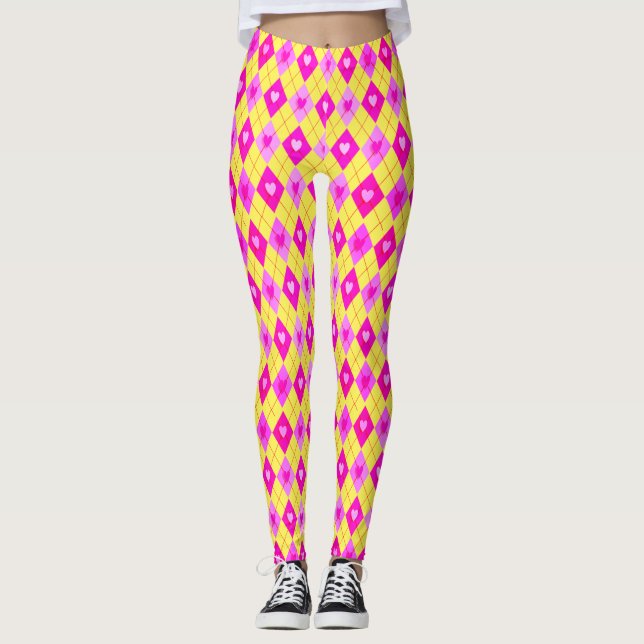 Argyle Pink Diamonds Hearts Pattern Leggings (Front)