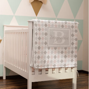 Argyle Plaid Pastel Pink and Blue Fleece Blanket