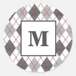 Argyle Plaid Red Grey Silver Custom Monogram Classic Round Sticker