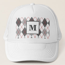Argyle Plaid Red Grey Silver Golf Custom Monogram Trucker Hat