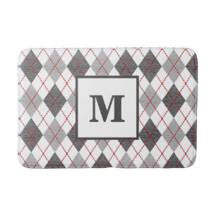 Argyle Plaid Red Grey Silver Monogram Bath Mat