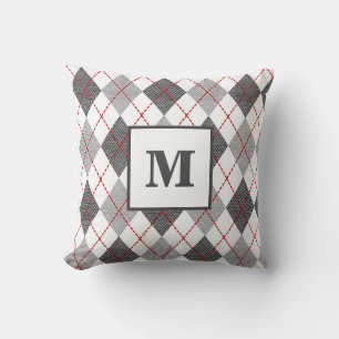 Argyle Plaid Red Grey Silver Monogram Initial Throw Pillow