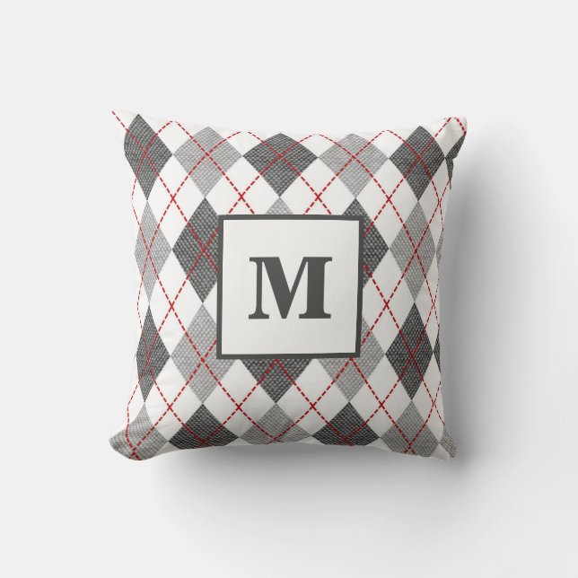 Argyle Plaid Red Grey Silver Monogram Initial Throw Pillow (Front)