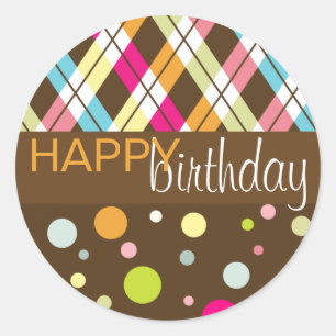 Argyle & Polka Dot Happy Birthday Classic Round Sticker