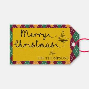 Argyle Yellow Orange Green Script Merry Christmas  Gift Tags