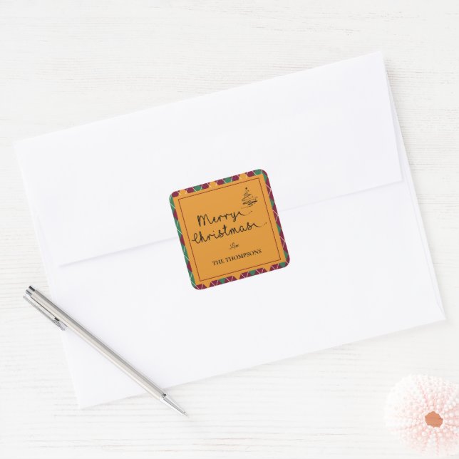  Argyle Yellow Orange Green Script Merry Christmas Square Sticker (Envelope)