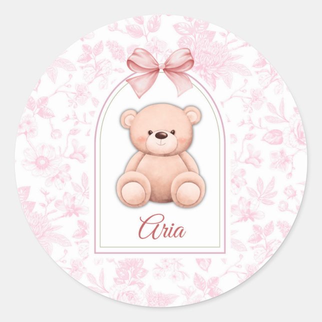 Aria | Custom Pink Teddy Bear Nursery Design  Classic Round Sticker (Front)