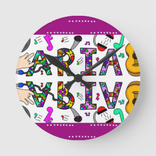 Aria, Girl's Name Whimsical Flowers Music Themed Round Clock