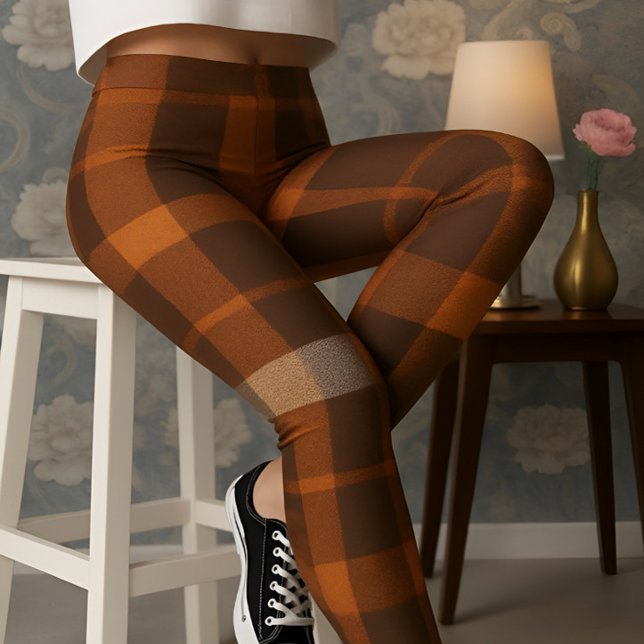 Aria Grace Autumn Hearth Cozy Plaid Pattern Fire Leggings (Pose 4 – Seated Confidence on the Stool)