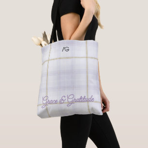 Aria Grace Ivory & Lavender Luxe Plaid Pattern Tote Bag