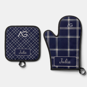 Aria Grace Midnight Elegance Luxe Plaid Pattern Oven Mitt & Pot Holder Set