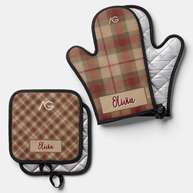 Aria Grace Olive & Wheat Rustic Plaid Pattern Name Oven Mitt & Pot Holder Set (Front/Back)