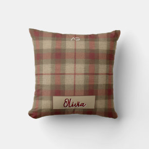 Aria Grace Olive & Wheat Rustic Plaid Pattern Name Throw Pillow