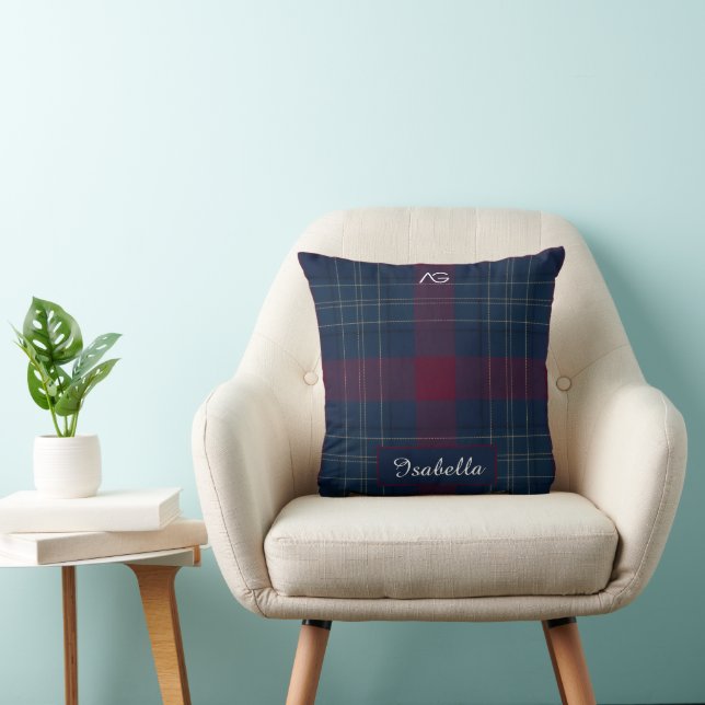 Aria Grace Regal Burgundy Gold Plaid Pattern Name Throw Pillow (Chair)