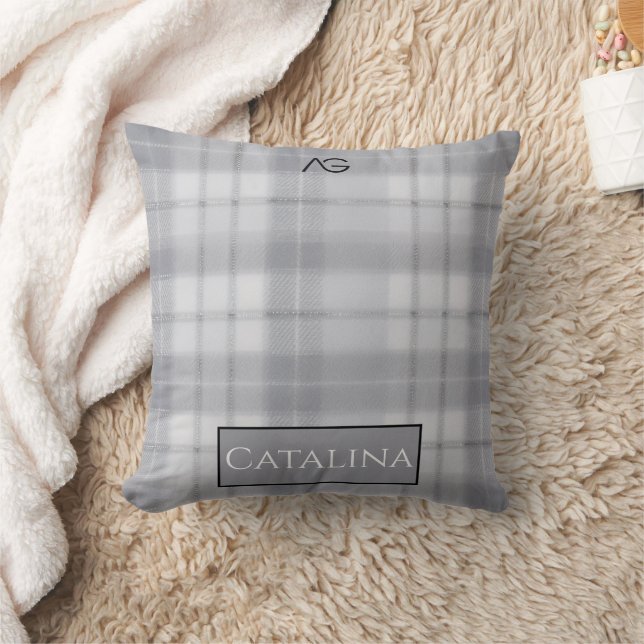 Aria Grace Silver Frost Winter Plaid Pattern Name Throw Pillow (Blanket)