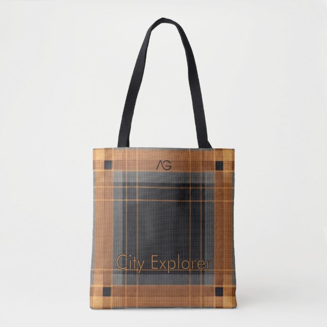 Aria Urban Copper Grid Plaid Pattern City Explorer Tote Bag (Front)