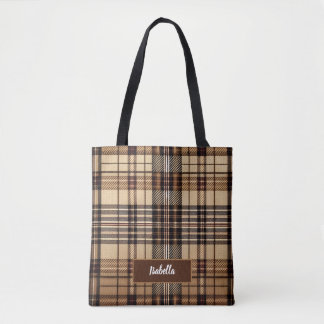 AriaGrace Camel Heritage British Tartan Plaid Name Tote Bag