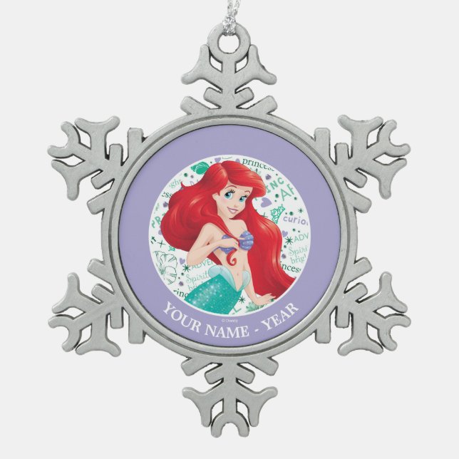 Ariel | Ariel Holding Hair Add Your Name Snowflake Pewter Christmas Ornament (Front)