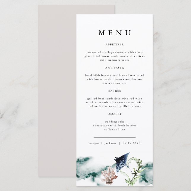 ARIEL Tropical Ocean Coral Manta Ray Beach Menu (Front/Back)