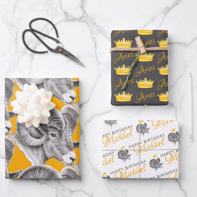 Aries Birthday Zodiac Bighorn Ram Animal art Crown Wrapping Paper Sheet (Front)