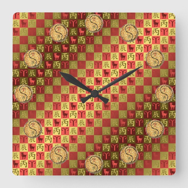 Aries & Fire Dragon Square Wall Clock (Front)
