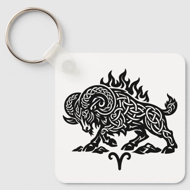 Aries Fire‑Ram – Celtic Haunted Ink Zodiac Keychain (Front)