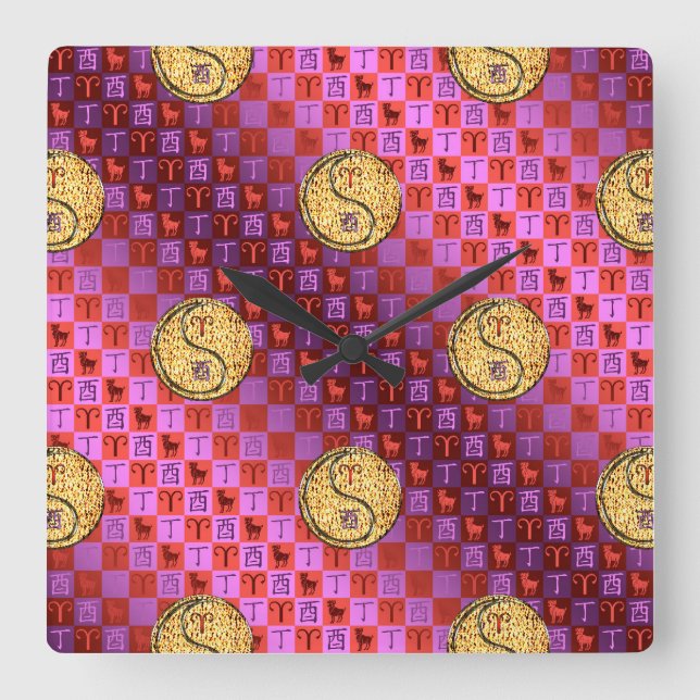 Aries & Fire Rooster Square Wall Clock (Front)