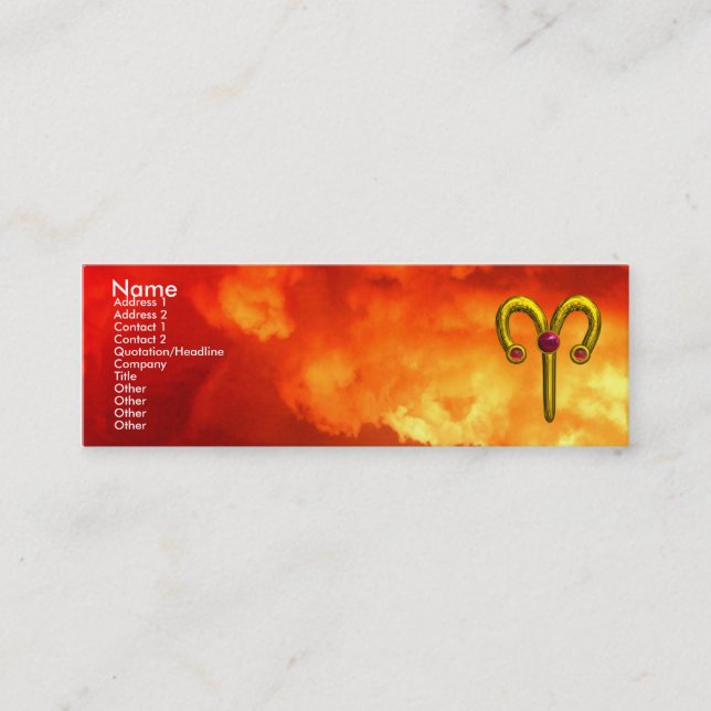 ARIES ,GOLD ZODIAC SIGN JEWEL Red Yellow Flames Mini Business Card (Front)