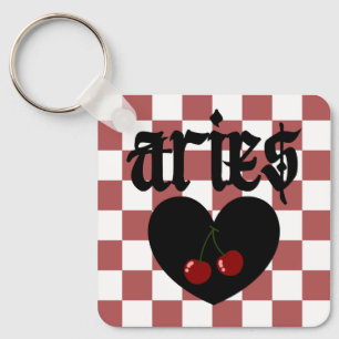 Aries Gothic Aesthetic Chequered Cherry Design Keychain