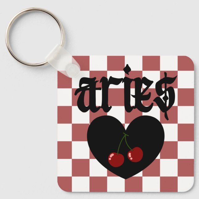 Aries Gothic Aesthetic Chequered Cherry Design Keychain (Front)