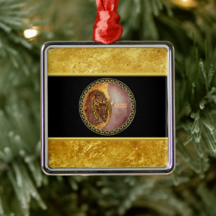 Aries Horoscope with gold foil texture with black Metal Ornament