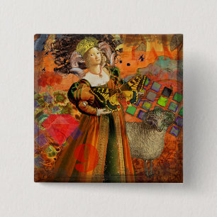 Aries Orange Woman: Gothic Ram Antique Art Collage 2 Inch Square Button