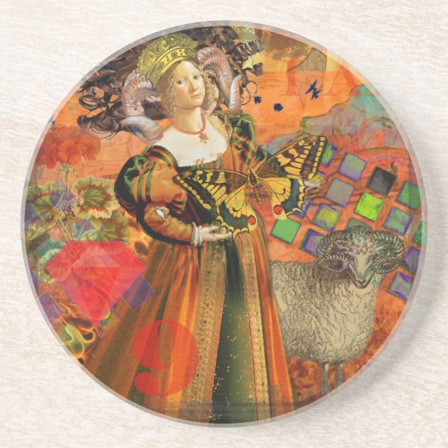 Aries Orange Woman: Gothic Ram Antique Art Collage Coaster (Front)