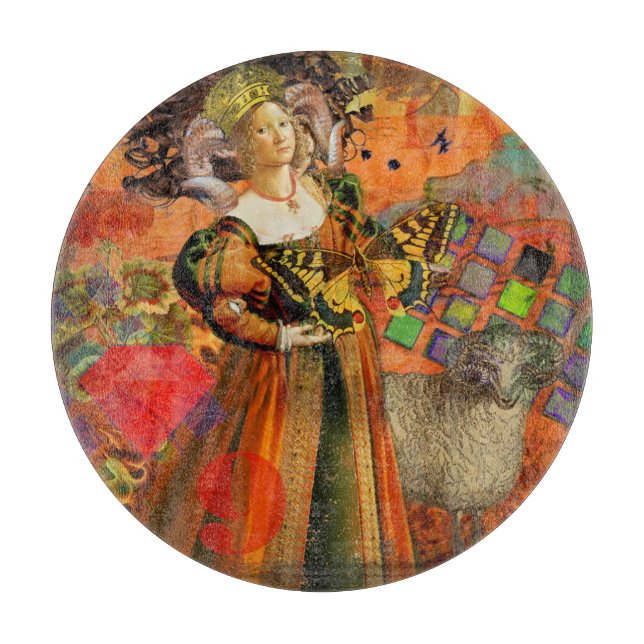 Aries Orange Woman: Gothic Ram Antique Art Collage Cutting Board (Front)